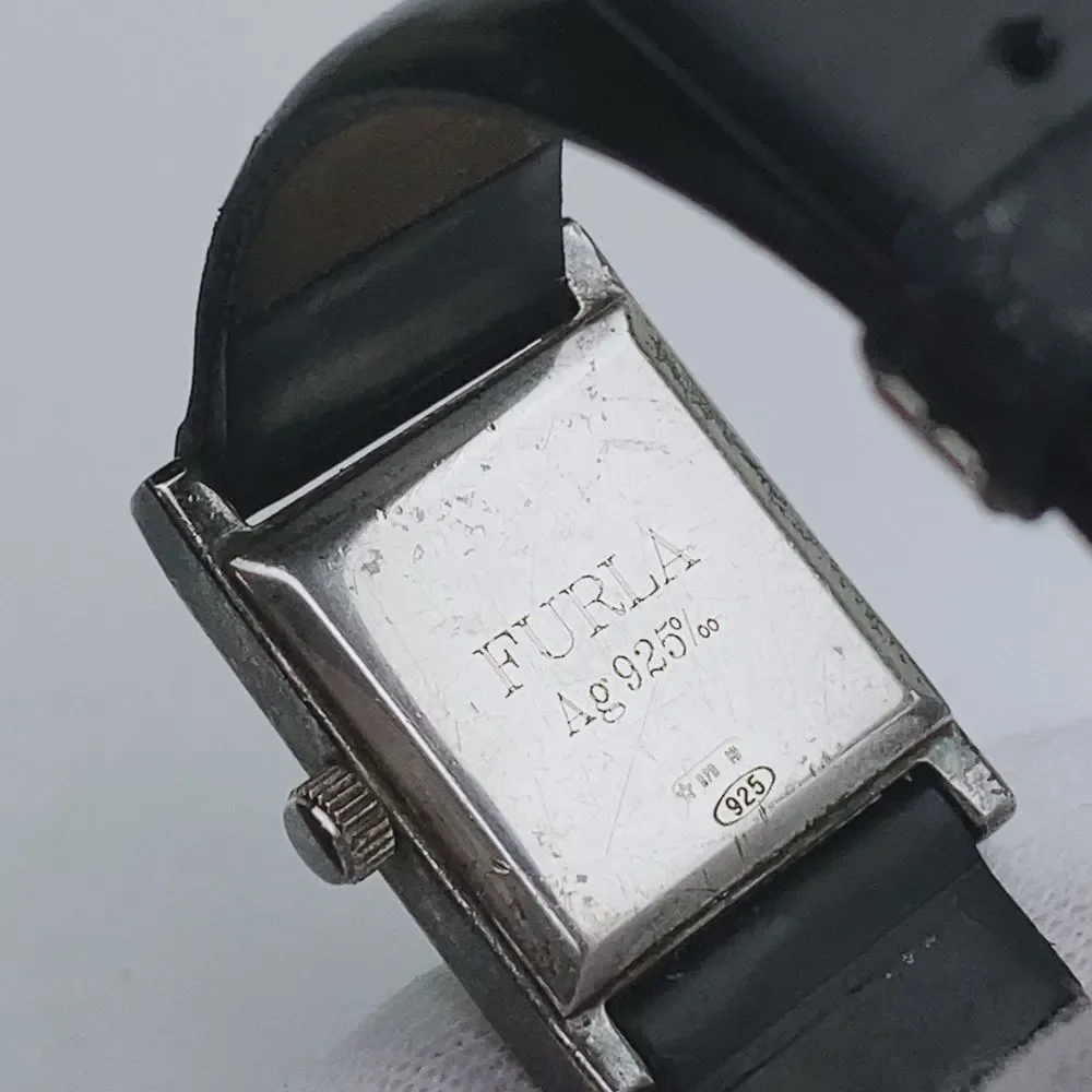 FURLA 925 Sterling Silver Black Leather Watch
